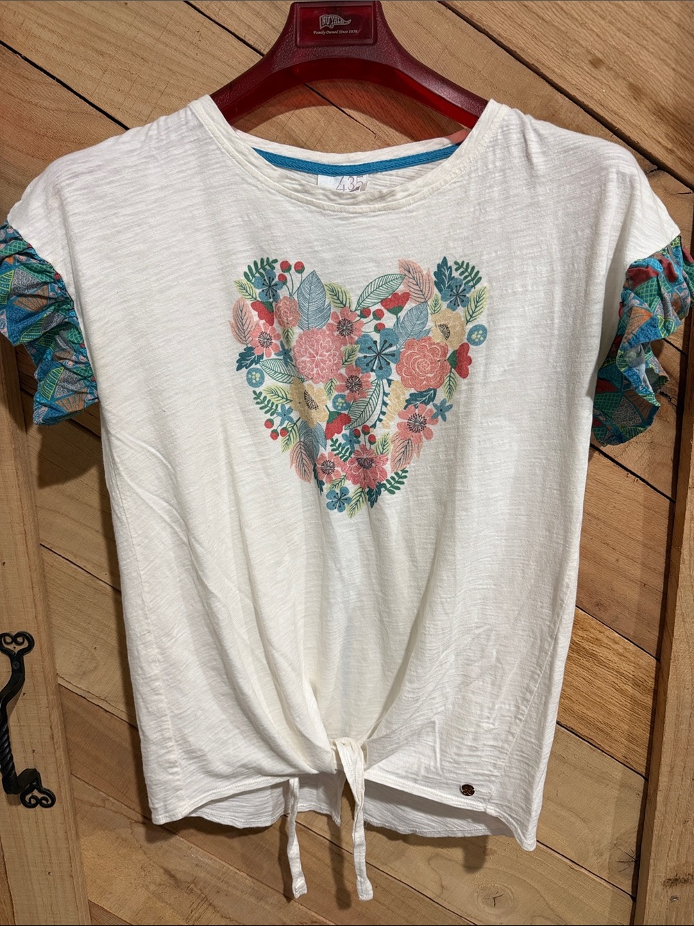 Matilda Jane White Tee with Floral Heart and Patterned Sleeve Accents